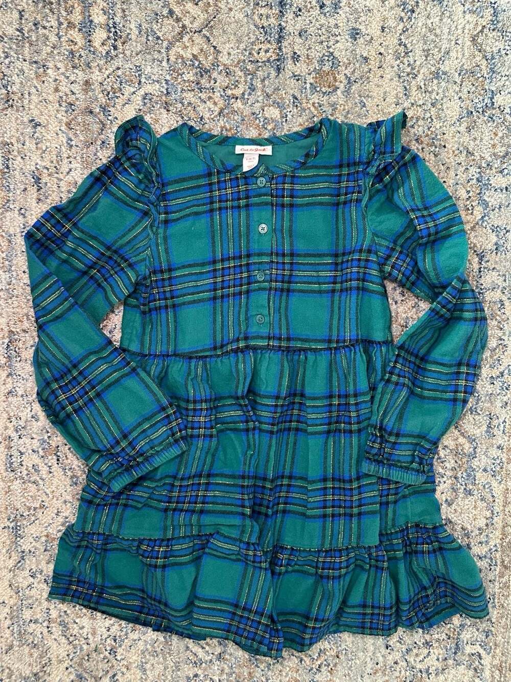 Cat & Jack Girls Green Plaid Long Sleeve Tiered Dress Size S 6/7